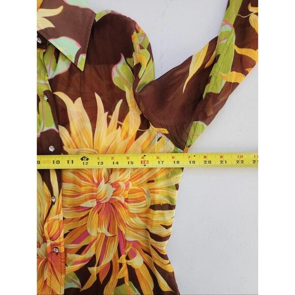Body By Victoria Secrets Shirt Medium Brown Yellow Silk Floral Button Top Groovy - Picture 14 of 15